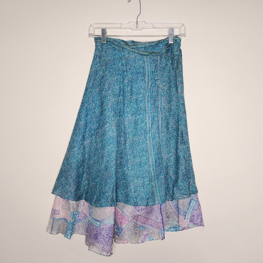 Alchemy Women's OS Blue Floral 100% Silk Wrap Tie Tiered Midi A-line Skirt Boho